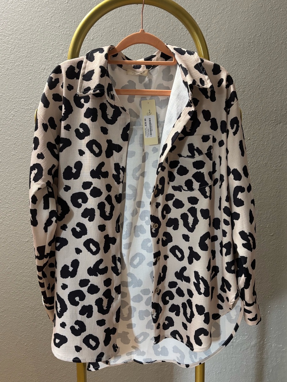 Leopard Print Long Sleeve Shirt Jacket - Beige/Black